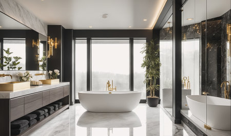 A luxurious bathroom with a large, freestanding bathtub and a view of the cityの素材