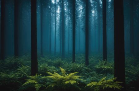A misty forest scene with tall trees and ferns in the foregroundの素材