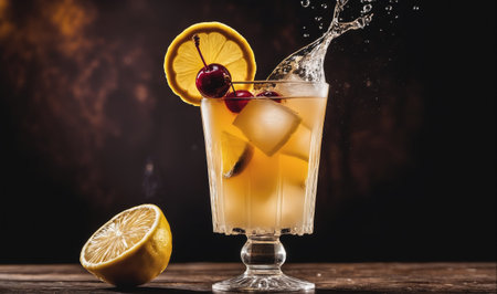 A refreshing drink with ice, lemon, and cherries sits on a wooden tableの素材