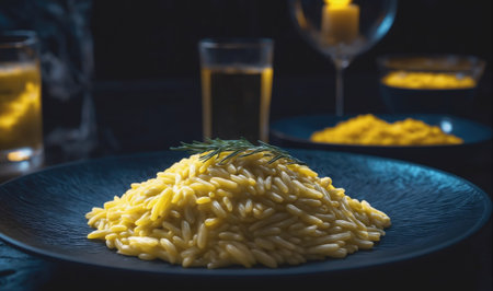 A plate of orzo pasta is on a dark table, garnished with a sprig of rosemaryの素材