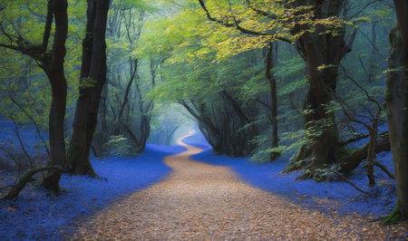 A winding path leads through a forest, surrounded by bluebells in full bloomの素材