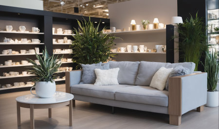 A gray sofa sits in front of a shelf filled with white ceramic mugs in a modern showroomの素材