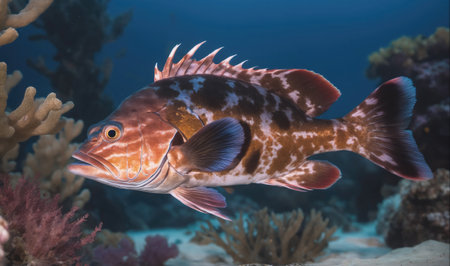 A brown and white fish swims near coral in a blue oceanの素材
