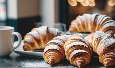 Freshly baked croissants dusted with powdered sugar are ready to be served with a cup of coffeeの素材