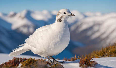 A white ptarmigan stands on a snowy mountain peakの素材