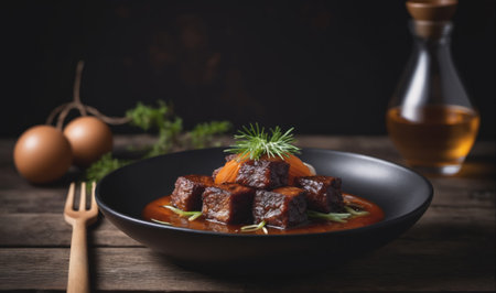 A black bowl filled with stewed beef and a sprig of rosemary sits on a wooden tableの素材