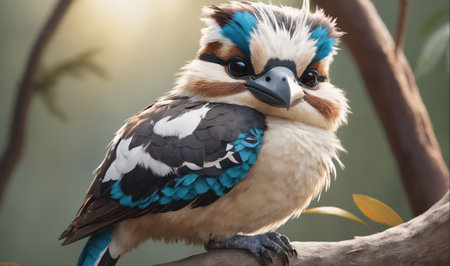 A small kookaburra with blue feathers perches on a tree branch, staring intently at the cameraの素材