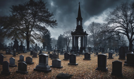 A cemetery on a gloomy day, with tall trees casting shadows over the headstonesの素材