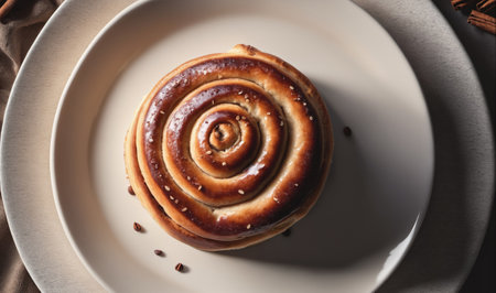 A freshly baked spiral bread roll sits on a white plateの素材