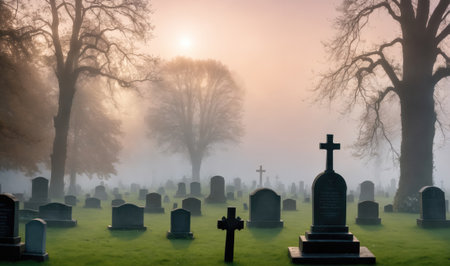 A cemetery shrouded in fog on a misty morningの素材