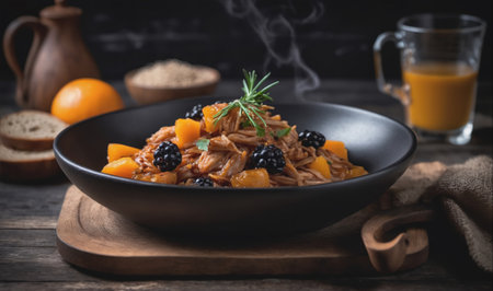 A bowl of shredded meat, blackberries, and orange chunks sits on a wooden table, with a glass of orange juice and bread in the backgroundの素材