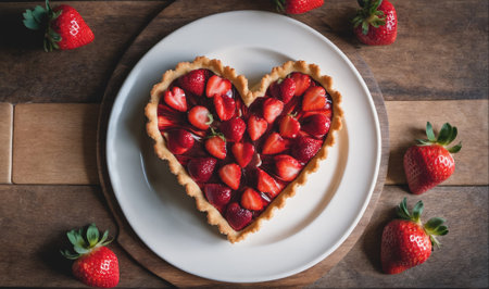 A heart-shaped strawberry tart sits on a white plate on a wooden surfaceの素材