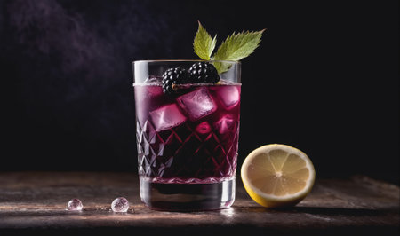 A glass of blackberry lemonade sits on a wooden surface with a lemon wedge nearbyの素材