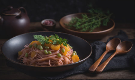A bowl of soba noodles, edamame, and mandarin oranges sits on a wooden tableの素材