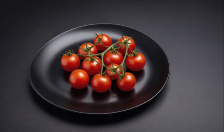 A vine of red tomatoes rests on a black plateの素材