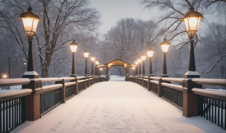 A snowy bridge with lit lampposts is a perfect scene for a winter eveningの素材