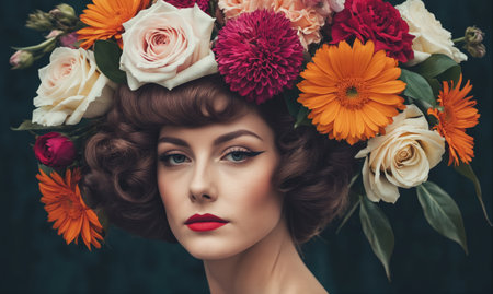 A woman with red lipstick and green eyes wears a flower crown of roses and gerberasの素材