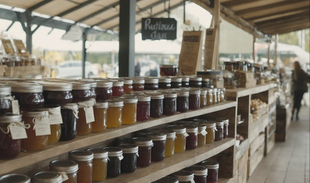 Jars of honey are neatly arranged on wooden shelves in a market stallの素材