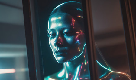 A womans face is illuminated by colorful lights in a dark, futuristic settingの素材