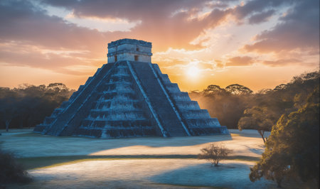 The El Castillo pyramid stands tall in the early morning light at Chich?n Itz?の素材