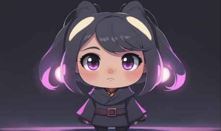 A chibi-style anime girl with purple eyes and dark hair is looking down with a sad expressionの素材