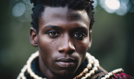 A young man with dreadlocks looks directly at the camera while standing in a forestの素材