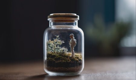 A miniature person stands in a glass jar, looking at a small tree growing insideの素材