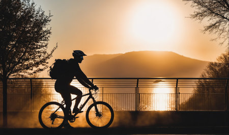 A cyclist rides their bike along a scenic path as the sun sets behind mountainsの素材