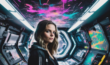 A woman stands in a futuristic hallway with a colorful, splatter paint ceilingの素材