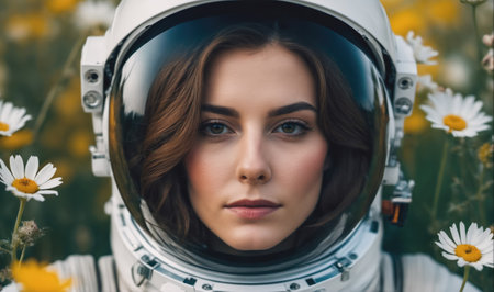 A woman wearing an astronaut helmet stands in a field of daisiesの素材