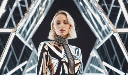 A woman with short blonde hair stands in front of a mirrored background, wearing a silver and black patterned dressの素材