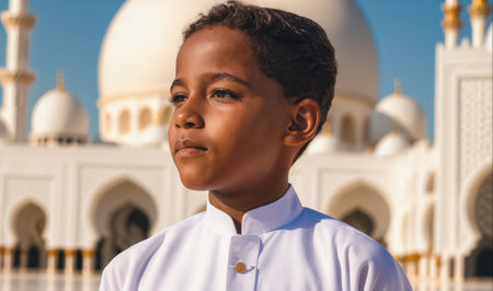 A young boy stands in front of the Sheikh Zayed Grand Mosque in Abu Dhabiの素材