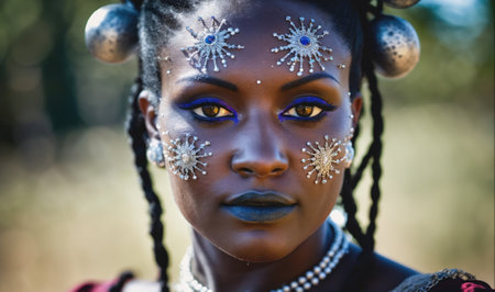 A woman with intricate makeup looks directly at the cameraの素材