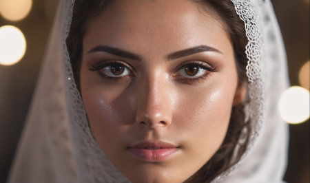 A woman wearing a white veil looks directly at the camera with a soft smileの素材