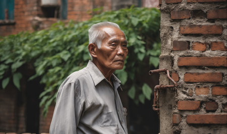An elderly man stands near a brick wall and greenery, gazing off into the distanceの素材