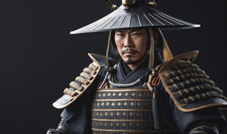A samurai warrior wearing traditional armor and a wide-brimmed hat stares intensely into the cameraの素材