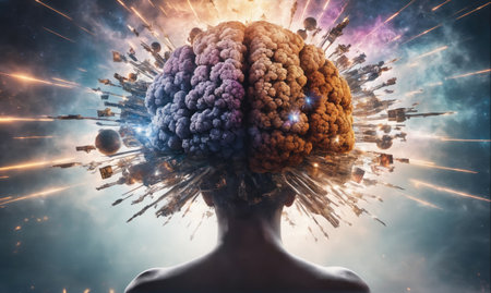 A large, detailed brain is displayed above a persons shoulders, with a cityscape bursting outward from the brain, surrounded by a dark blue sky and bright, golden rays of lightの素材