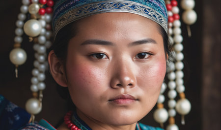A young woman wearing traditional blue and red clothing and pearl jewelry looks directly at the cameraの素材