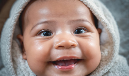 A baby in a hooded towel smiles with his teeth showingの素材