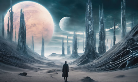 A lone figure walks across a desolate, sandy landscape towards a city of tall, metallic structures, illuminated by a large, pink moonの素材