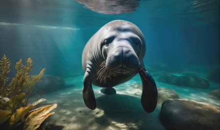 A manatee swims near the surface of the water, looking directly at the cameraの素材
