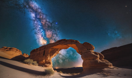 The Milky Way shines brightly over a sandstone arch in the desertの素材