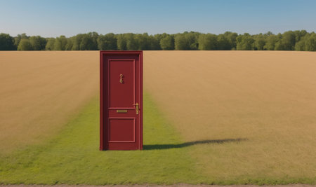 A red door stands open in a field on a sunny dayの素材
