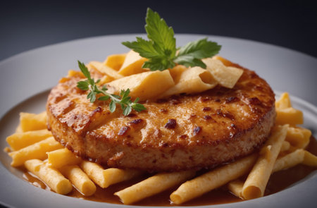 A juicy, brown, round steak sits on a bed of crispy fried noodles with a thin, brown sauceの素材