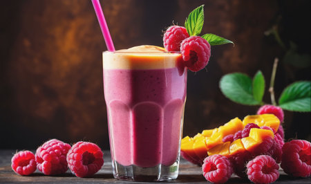 A pink smoothie with a raspberry on top sits in a glass with a pink strawの素材