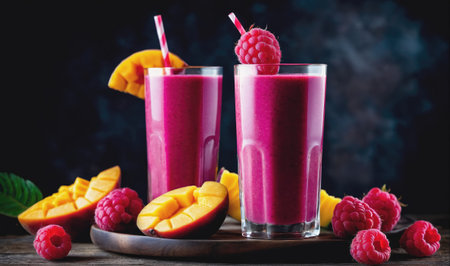 Two glasses of pink smoothie topped with raspberries sit on a wooden table with fresh mango slices and raspberriesの素材