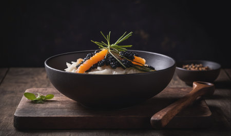 A bowl of black caviar sits on a rustic wooden table, garnished with orange fish roe and a sprig of rosemaryの素材