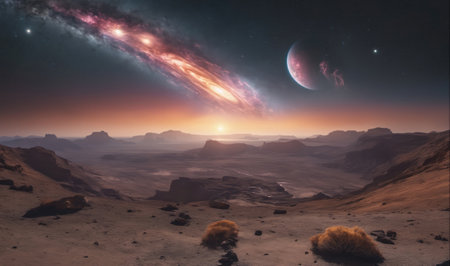 A red planet sunrise, with a crescent moon and a galaxy overhead, viewed from a rocky plateauの素材