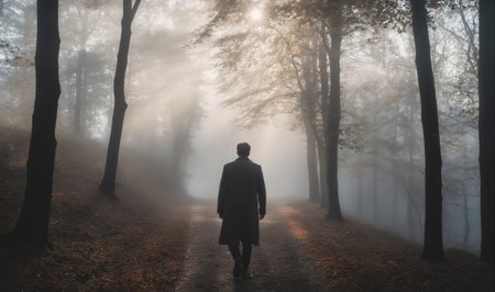 A lone figure walks down a foggy path in a forestの素材