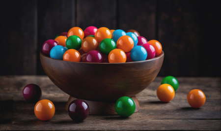 A bowl filled with colorful gumballs sits on a wooden tableの素材